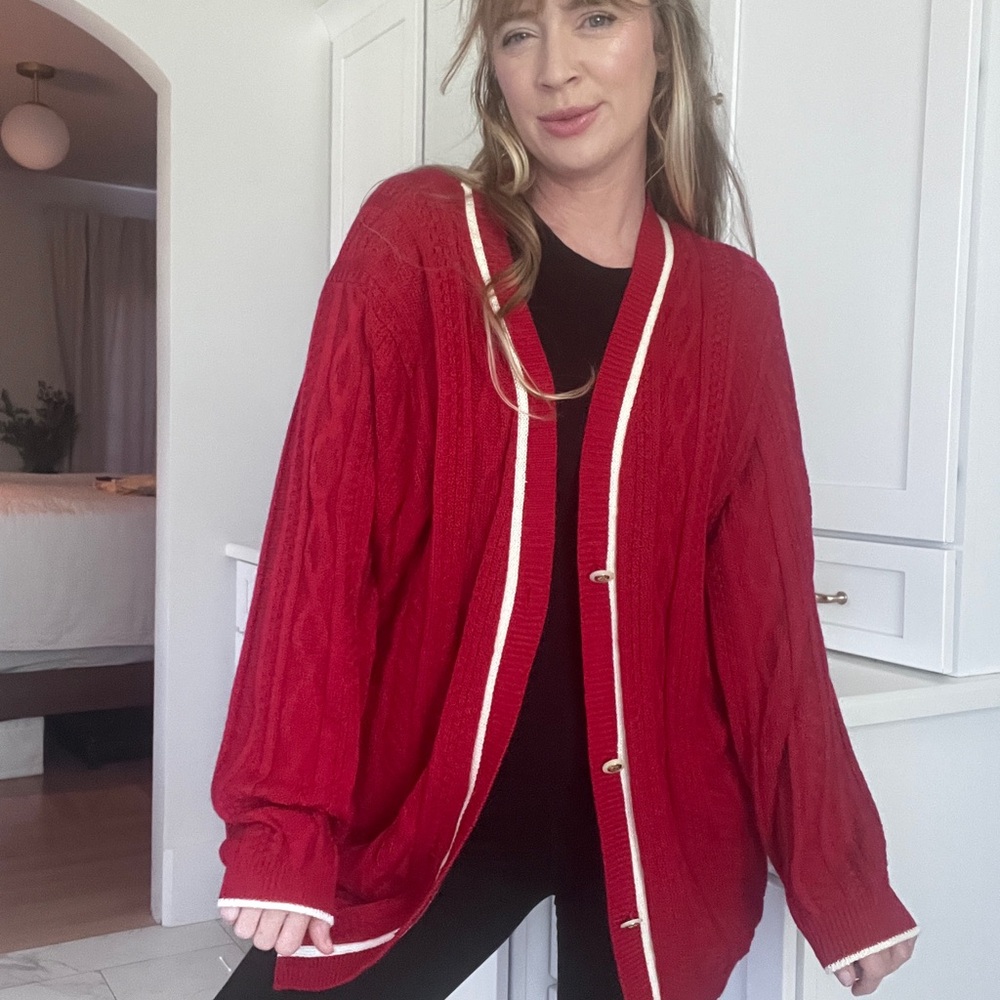 Vintage Red Cardigan with White Trim